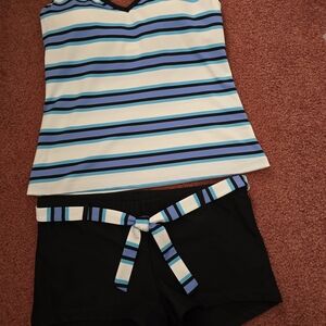 Jag 2pc. Tankini Blue/ White/Black Striped Sz. (Med). (Has a Inperfection, Snag)